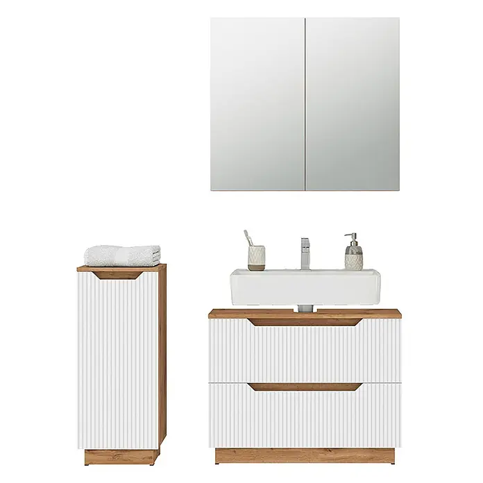 Vicco Badmöbel-Set Lotta Weiß 3 Teile - Weiß, Matt - Weißes geripptes Badezimmermöbel-Set mit Holzoptik-Akzenten, bestehend aus Waschtischunterschrank, Hochschrank und Spiegelschrank.