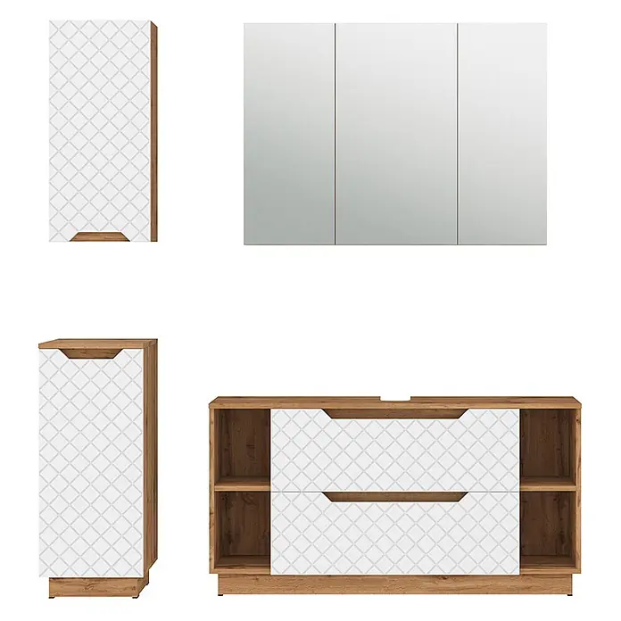 Vicco Badmöbel-Set Lotta Weiß 4 Teile - Weiß, Matt - Badezimmermöbel-Set: helle Holzschränke mit weiß gemusterten Fronten, ein Spiegelschrank und ein Waschtischunterschrank.