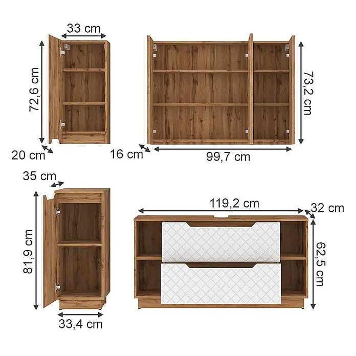 Vicco Badmöbel-Set Lotta Weiß 4 Teile - Weiß, Matt - Holzmöbelset mit Schrank, Wandregal und Lowboard mit weißen Schubladen, inklusive Maßen.