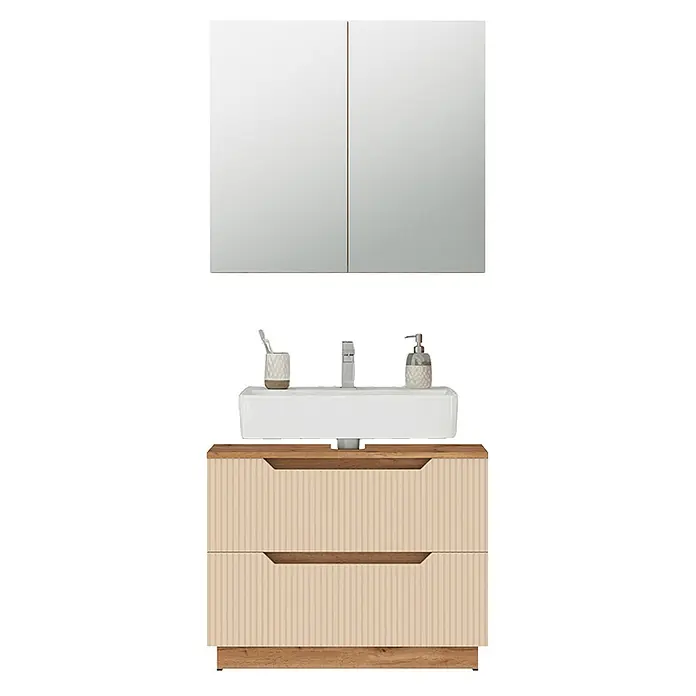 Vicco Badmöbel-Set Lotta Cashmere 2 Teile - Cashmere, Matt - Badezimmerset mit Spiegelschrank, weißem Waschbecken und gestreiftem beigem Waschtischunterschrank mit Holzplatte und Griffen.