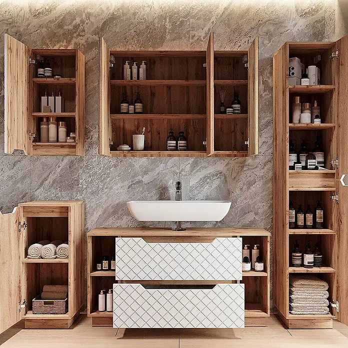 Vicco Badmöbel-Set Lotta Weiß 4 Teile - Weiß, Matt - Komplettes Badezimmermöbel-Set aus hellem Holz mit weißen strukturierten Schubladenfronten und integriertem Waschbecken.