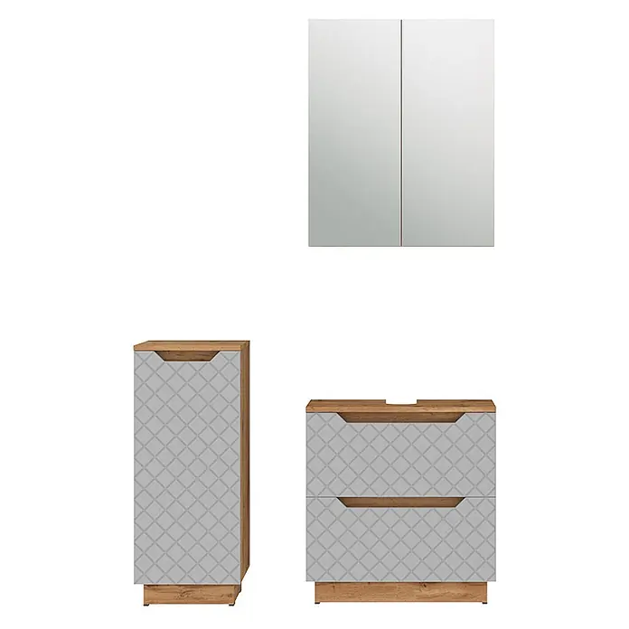 Vicco Badmöbel-Set Lotta Grau 3 Teile - Grau, Matt - Set aus hellholzfarbenen und hellgrau gemusterten Badmöbeln: Wandschrank, Hochschrank und Unterschrank mit zwei Schubladen.