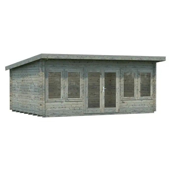 Palmako Gartenhaus Lisa - Außenmaß inkl. Dachüberstand (B x T): 578 x 447 cm, Holz, Grau - Ein geräumiges Gartenhaus aus Holz mit Fenstern und Doppeltür, ideal für den Garten als Büro oder Hobbyraum.