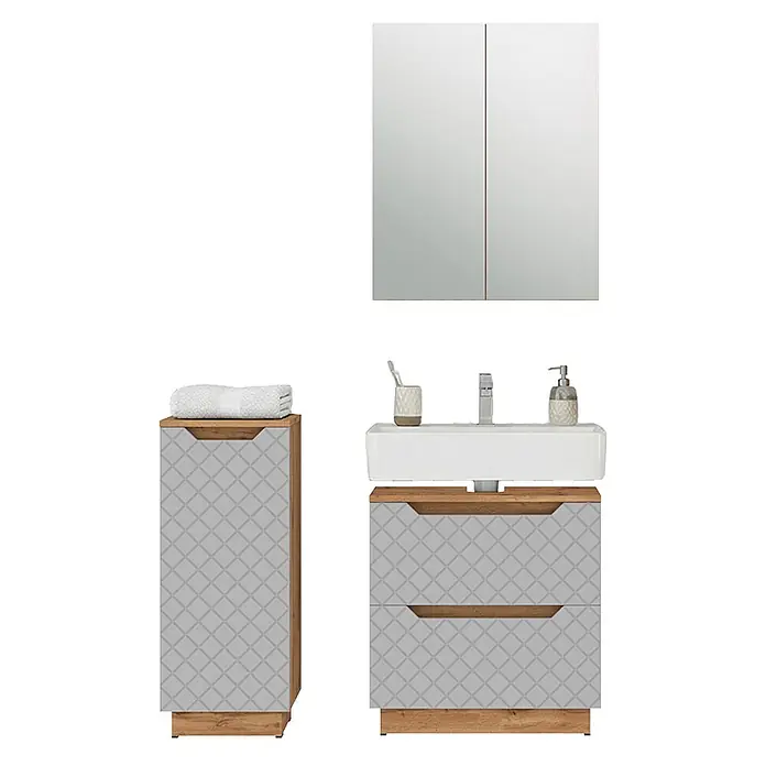 Vicco Badmöbel-Set Lotta Grau 3 Teile - Grau, Matt - Badezimmermöbel-Set mit Spiegelschrank, Waschbeckenunterschrank und hohem Schrank. Helle graue Fronten mit Muster und Holzdetails.