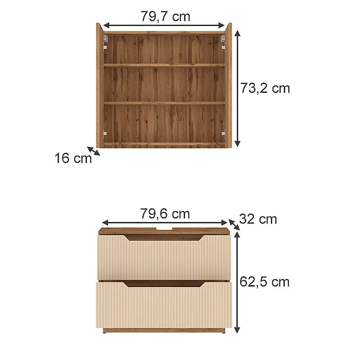 Vicco Badmöbel-Set Lotta Cashmere 2 Teile - Cashmere, Matt - Holzoptik-Möbel: ein 3-stufiges Wandregal und eine Kommode mit 2 hellbeigen Fronten.