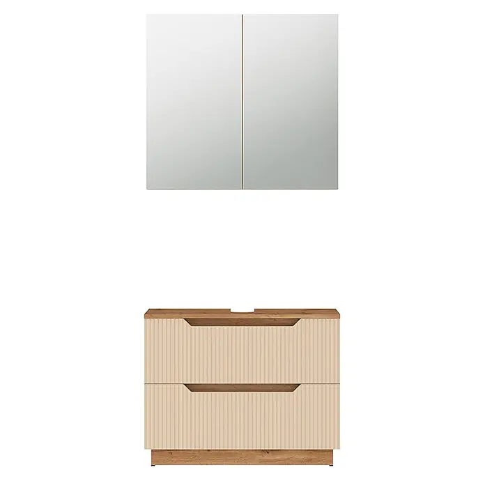 Vicco Badmöbel-Set Lotta Cashmere 2 Teile - Cashmere, Matt - Badezimmermöbel: Waschtischunterschrank mit gestreiften beigen Schubladen, Holzplatte und Sockel, dazu ein Spiegelschrank.