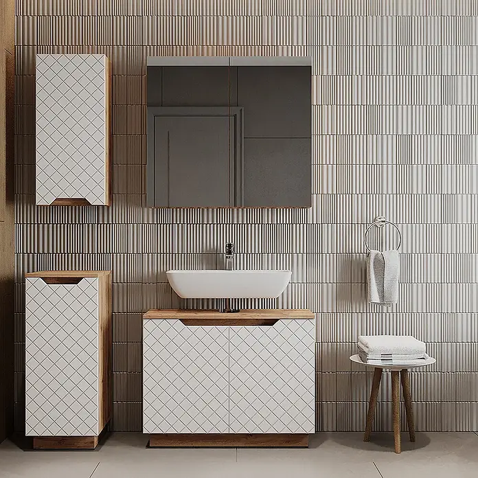Vicco Badmöbel-Set Lotta Weiß 4 Teile - Weiß, Matt - Modernes Badmöbelset: Waschtisch mit weißen Rautenfronten, Holzplatten, passender Hoch- und Wandschrank, Waschbecken, Spiegel.