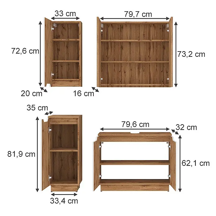 Vicco Badmöbel-Set Lotta Weiß 4 Teile - Weiß, Matt - Vier hellbraune Holzschränke in verschiedenen Größen, mit offenen Türen und Maßangaben, für einen E-Commerce-Katalog.