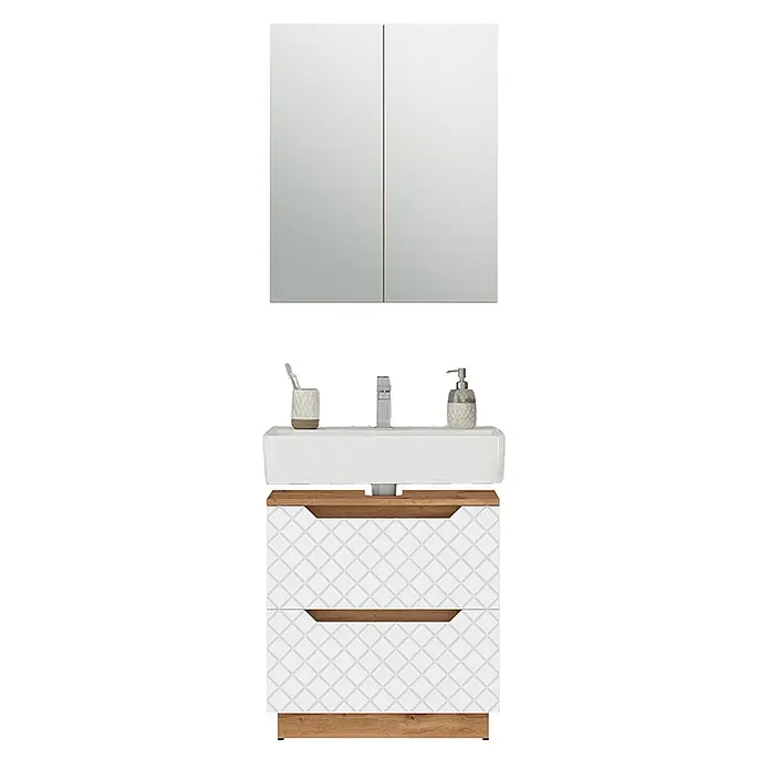 Vicco Badmöbel-Set Lotta Weiß 2 Teile - Weiß, Matt - Badezimmermöbel mit weißem Waschbecken, gemusterten Schubladen, Holzdetails und Spiegelschrank.