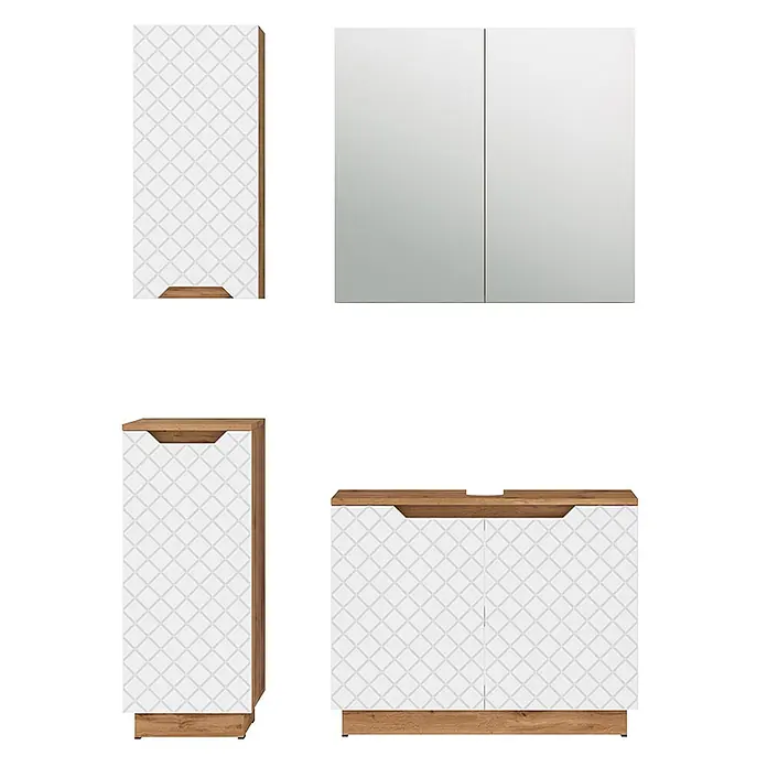 Vicco Badmöbel-Set Lotta Weiß 4 Teile - Weiß, Matt - Weißes Badmöbel-Set mit geometrischem Muster und Holzoptik-Akzenten, bestehend aus Schränken und Spiegelschrank.