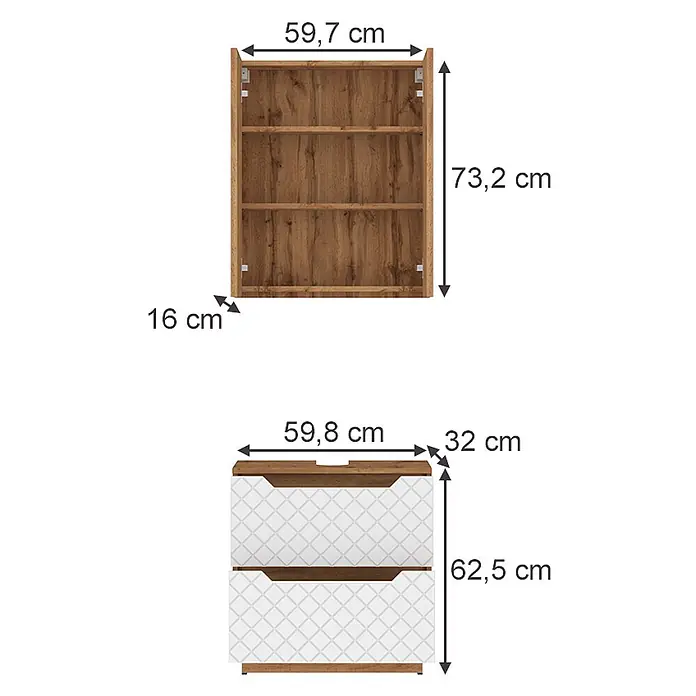 Vicco Badmöbel-Set Lotta Weiß 2 Teile - Weiß, Matt - Zwei Holzmöbel: ein offenes Wandregal und eine Kommode mit weiß gemusterten Fronten, beide in heller Holzoptik.