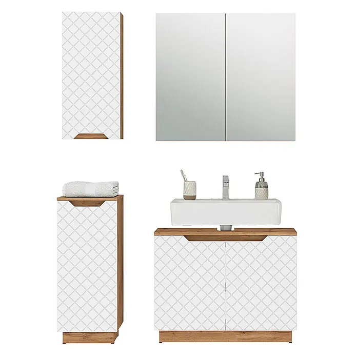 Vicco Badmöbel-Set Lotta Weiß 4 Teile - Weiß, Matt - Badezimmermöbel-Set: weiße Fronten mit Rautenmuster, Holzoptik-Details. Beinhaltet Hochschrank, Spiegelschrank und Waschtischunterschrank mit Waschbecken.