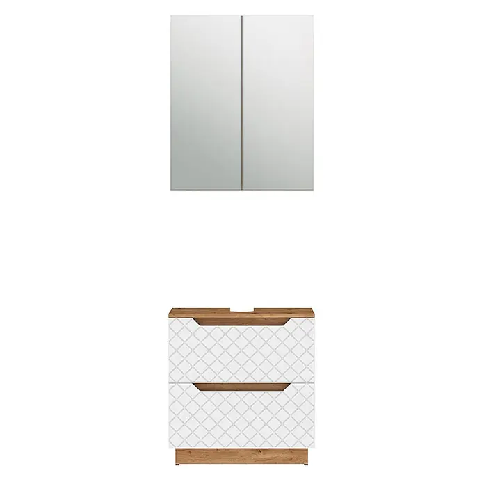 Vicco Badmöbel-Set Lotta Weiß 2 Teile - Weiß, Matt - Badezimmermöbel-Set mit Spiegelschrank und weißem Waschtischunterschrank mit Holzdetails und Rautenmuster-Schubladen.