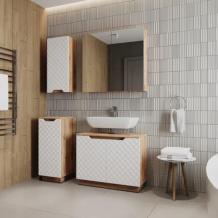 Vicco Badmöbel-Set Lotta Weiß 4 Teile - Weiß, Matt - Moderner Badschrank mit Holzrahmen und weißer Rautenfront, mit Waschbecken, in einem zeitgenössischen Badezimmer.