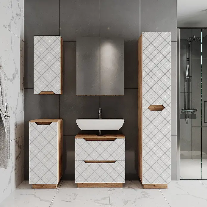 Vicco Badmöbel-Set Lotta Weiß 2 Teile - Weiß, Matt - Modernes weißes Badezimmermöbelset mit Rautenmuster und Holzdetails, bestehend aus Waschtisch, Waschbecken und Schränken.