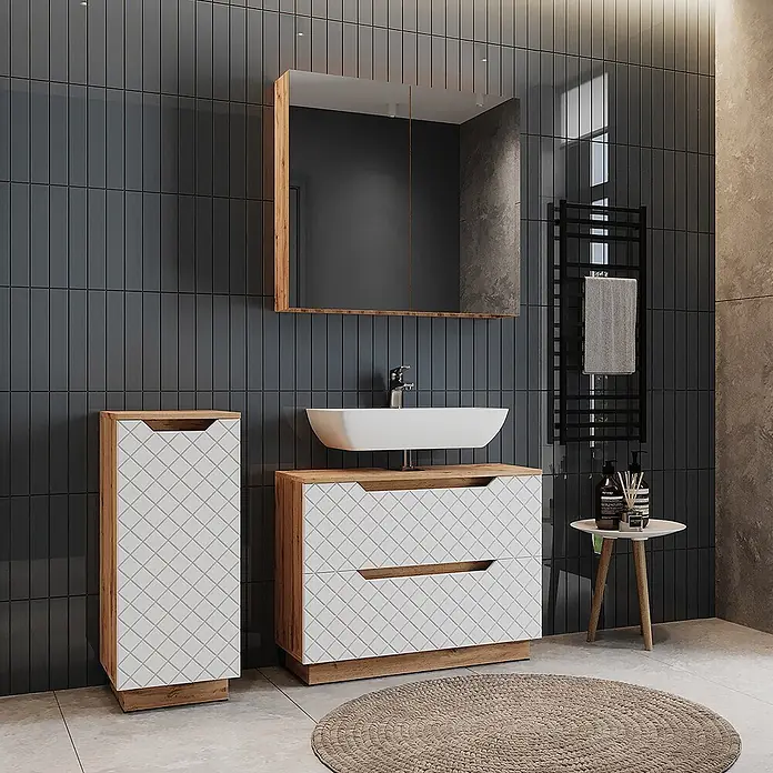 Vicco Badmöbel-Set Lotta Weiß 3 Teile - Weiß, Matt - Modernes Badmöbel-Set: Waschtischunterschrank aus hellem Holz mit weißen Rautenfronten, passender Hochschrank und Spiegel.