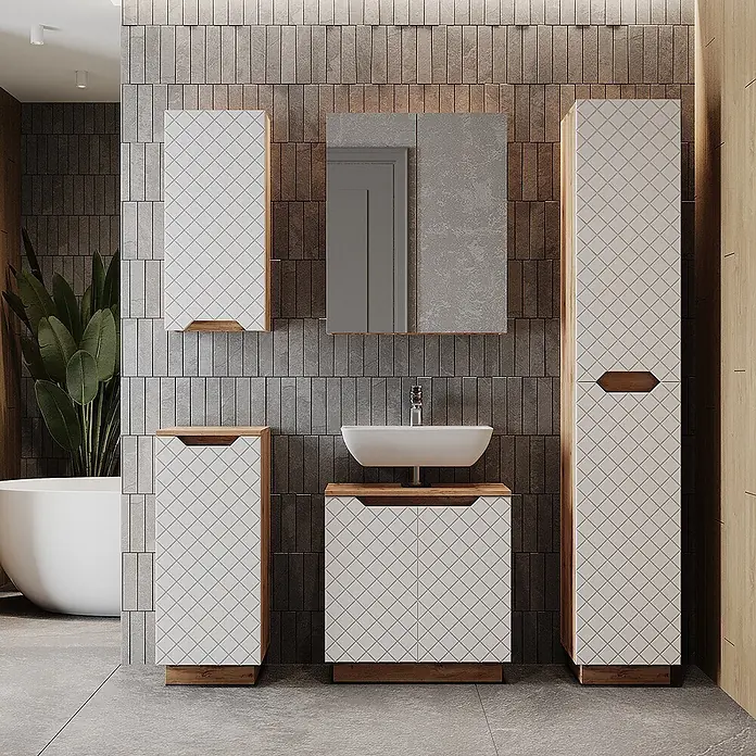 Vicco Badmöbel-Set Lotta Weiß 4 Teile - Weiß, Matt - Modernes Badmöbelset mit weißen Rautenmustern und Holzdetails, bestehend aus Waschtischunterschrank, Hochschrank und Wandschrank um ein Waschbecken.