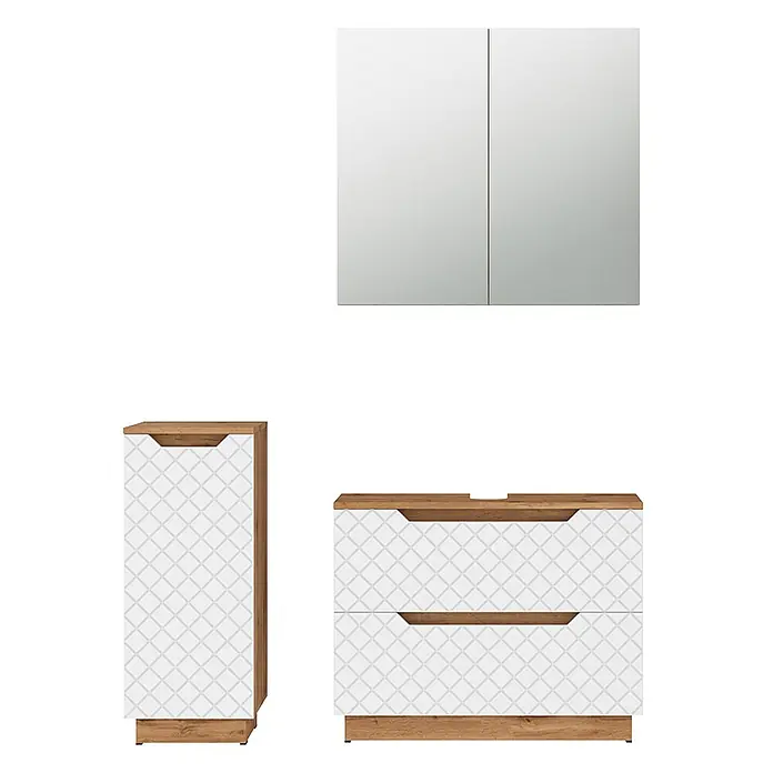 Vicco Badmöbel-Set Lotta Weiß 3 Teile - Weiß, Matt - Badezimmermöbel-Set mit Holzoptikrahmen und weißen gemusterten Fronten, bestehend aus Spiegelschrank, Hochschrank und Waschtischunterschrank.