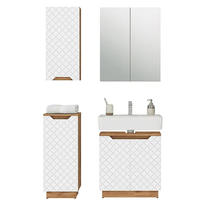 Vicco Badmöbel-Set Lotta Weiß 4 Teile - Weiß, Matt - Badezimmermöbel-Set: weiße gemusterte Schränke, Akzente aus Naturholz, Waschtisch mit Waschbecken und Spiegelschrank.