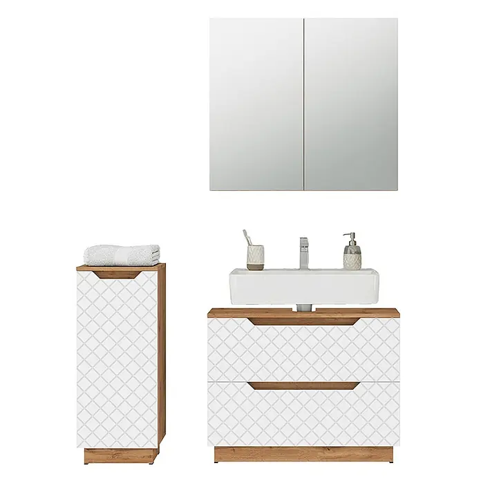 Vicco Badmöbel-Set Lotta Weiß 3 Teile - Weiß, Matt - Badezimmermöbel-Set mit Spiegelschrank, weiß gemustertem Waschbeckenunterschrank und hohem Schrank mit Holzdetails.