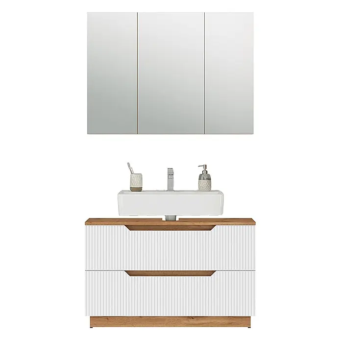 Vicco Badmöbel-Set Lotta Weiß 2 Teile - Weiß, Matt - Weißer Badunterschrank mit Holzapplikationen, strukturierten Schubladen, Waschbecken, Armatur und Spiegelschrank.