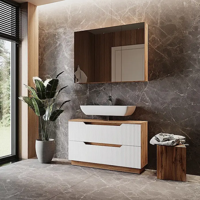 Vicco Badmöbel-Set Lotta Weiß 2 Teile - Weiß, Matt - Moderner Waschtisch aus Holz mit weißen geriffelten Schubladen und weißem Aufsatzwaschbecken in einem stilvollen Bad.
