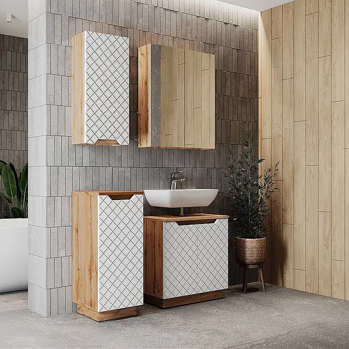 Vicco Badmöbel-Set Lotta Weiß 4 Teile - Weiß, Matt - Modernes Badmöbelset: helle Holzschränke mit weißen Rautenmusterfronten, bestehend aus Hochschrank, Waschtisch mit Waschbecken und Spiegelschrank.