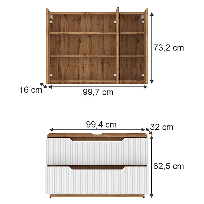 Vicco Badmöbel-Set Lotta Weiß 2 Teile - Weiß, Matt - Zwei Möbelstücke: ein Holz-Wandschrank mit Regalen und eine weiß-holzgerippte Kommode mit zwei Schubladen, mit Maßen.
