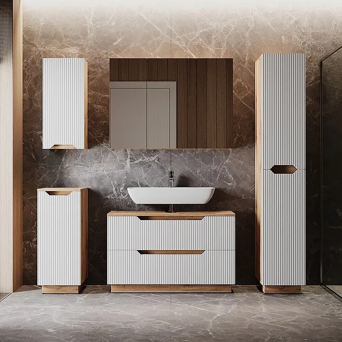Vicco Badmöbel-Set Lotta Weiß 2 Teile - Weiß, Matt - Modernes Badmöbelset mit weißlamellierter Front, Holzplatte und passenden Schränken um ein weißes Waschbecken.