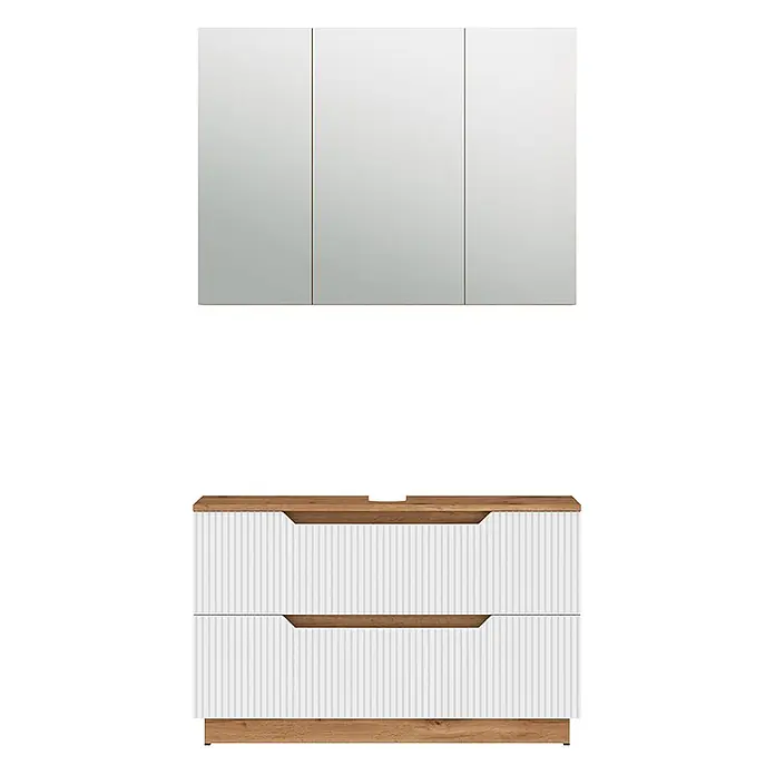 Vicco Badmöbel-Set Lotta Weiß 2 Teile - Weiß, Matt - Badezimmerset mit dreitürigem Spiegelschrank und weißem, geriffeltem Waschtischunterschrank mit zwei Schubladen und Holzdekor.