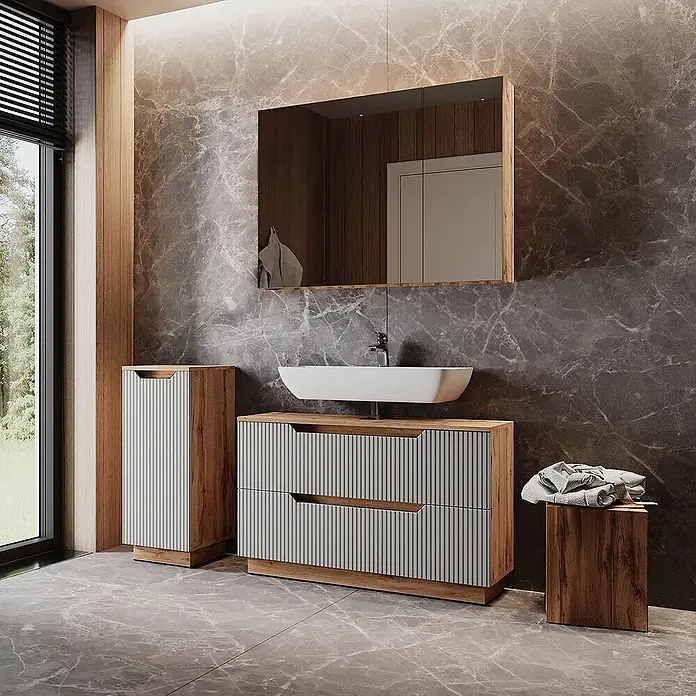 Vicco Badmöbel-Set Lotta Grau 3 Teile - Grau, Matt - Modernes Badmöbel-Set mit einem Waschtischunterschrank aus Holz, geriffelten grauen Fronten und einem Hochschrank.