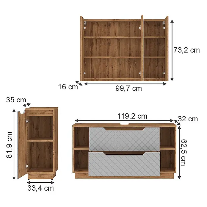 Vicco Badmöbel-Set Lotta Grau 3 Teile - Grau, Matt - Modulares Holzmöbel-Set mit offenen Regalen und grauen gemusterten Schubladen, mit Maßen dargestellt.