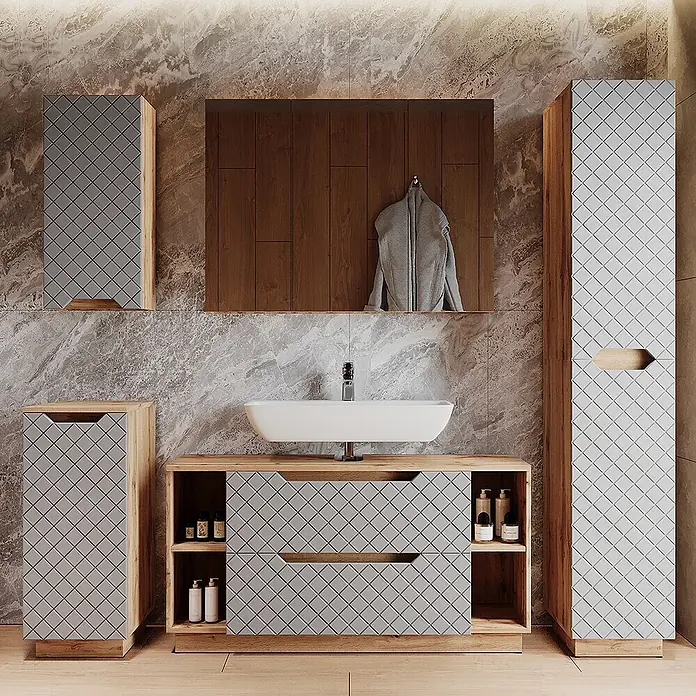 Vicco Badmöbel-Set Lotta Grau 3 Teile - Grau, Matt - Modernes Badmöbel-Set mit Holzoptik-Rahmen und hellgrauen Karomusterfronten, inklusive Waschtisch mit weißem Becken und Schränken.