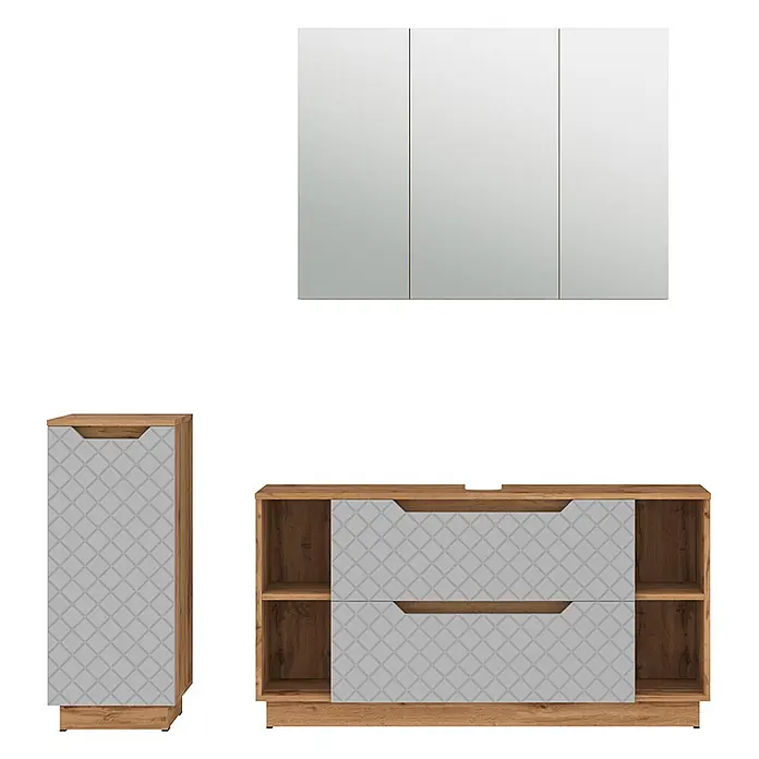 Vicco Badmöbel-Set Lotta Grau 3 Teile - Grau, Matt - Modernes Badmöbel-Set aus Holzoptik mit hellgrauen gemusterten Fronten: Spiegelschrank, Hochschrank, Waschtischunterschrank.