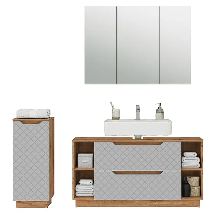Vicco Badmöbel-Set Lotta Grau 3 Teile - Grau, Matt - Badezimmermöbel-Set: Holzoptikschränke mit hellgrau gemusterten Fronten, weißes Waschbecken, Spiegelschrank und hoher Lagerschrank.