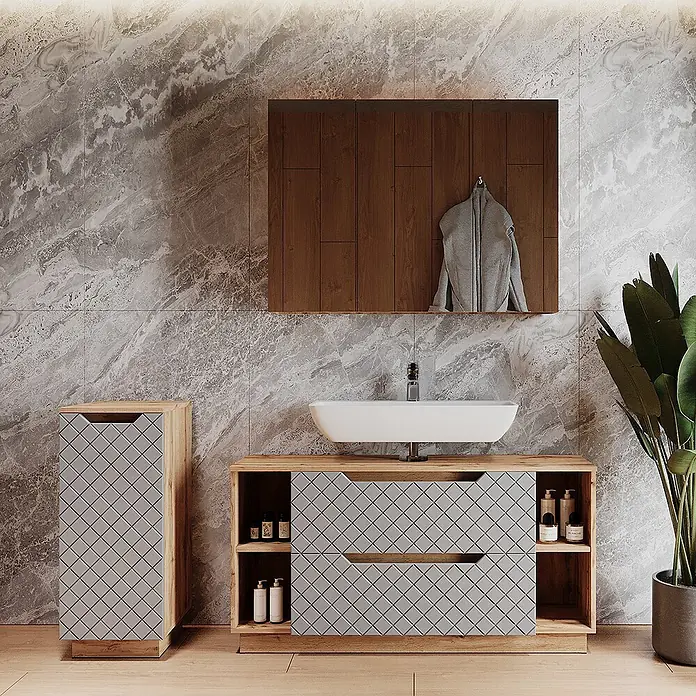 Vicco Badmöbel-Set Lotta Grau 3 Teile - Grau, Matt - Moderne Badezimmermöbel: Waschtisch aus hellem Holz mit Waschbecken und grauen Rautenschubladen, passender Hochschrank, Spiegelschrank.