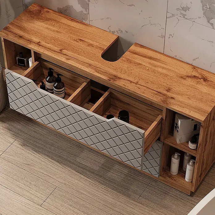 Vicco Badmöbel-Set Lotta Grau 3 Teile - Grau, Matt - Heller Holz-Badunterschrank mit texturierter grauer Schublade, offen mit Stauraum für Toilettenartikel.
