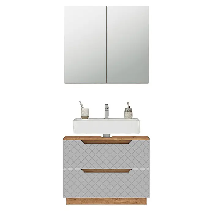 Vicco Badmöbel-Set Lotta Grau 2 Teile - Grau, Matt - Badezimmerset mit weißem Waschbecken auf holzfarbenem Schrank mit grauen gemusterten Schubladen und Spiegelschrank.