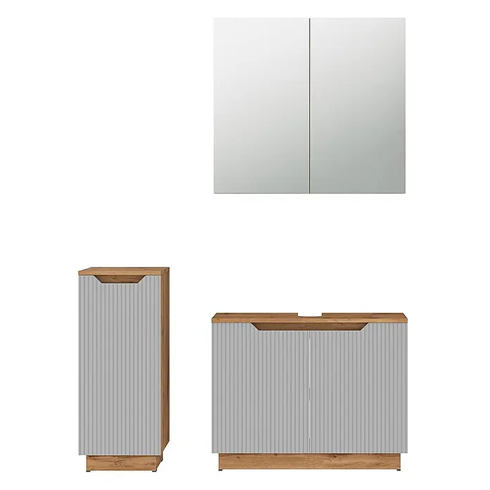 Vicco Badmöbel-Set Lotta Grau 3 Teile - Grau, Matt - Badezimmermöbel-Set mit Spiegelschrank, Hochschrank und Waschtischunterschrank. Alle mit hellgrauen Wellenfronten und hellen Holzdetails.