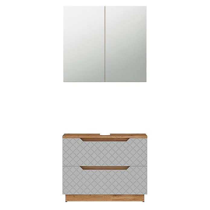 Vicco Badmöbel-Set Lotta Grau 2 Teile - Grau, Matt - Weißer Spiegelschrank und grauer Waschtischunterschrank mit Rautenmuster und Holzapplikationen.