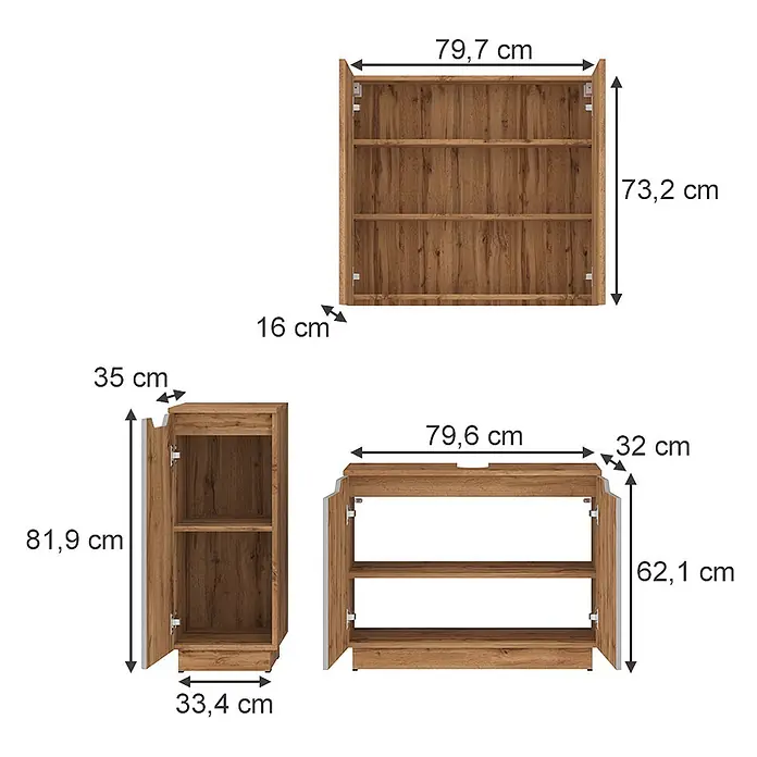 Vicco Badmöbel-Set Lotta Grau 3 Teile - Grau, Matt - Drei braune Holzmöbel: Wandregal (79,7x73,2x16 cm), schmaler Schrank (33,4x81,9x35 cm), breiter Schrank (79,6x62,1x32 cm).