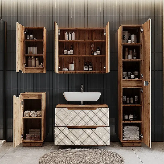 Vicco Badmöbel-Set Lotta Grau 2 Teile - Grau, Matt - Badezimmerschrank-Set aus Holz mit weißem Waschbecken und rautenförmigen Schubladen, mit mehreren Aufbewahrungseinheiten.