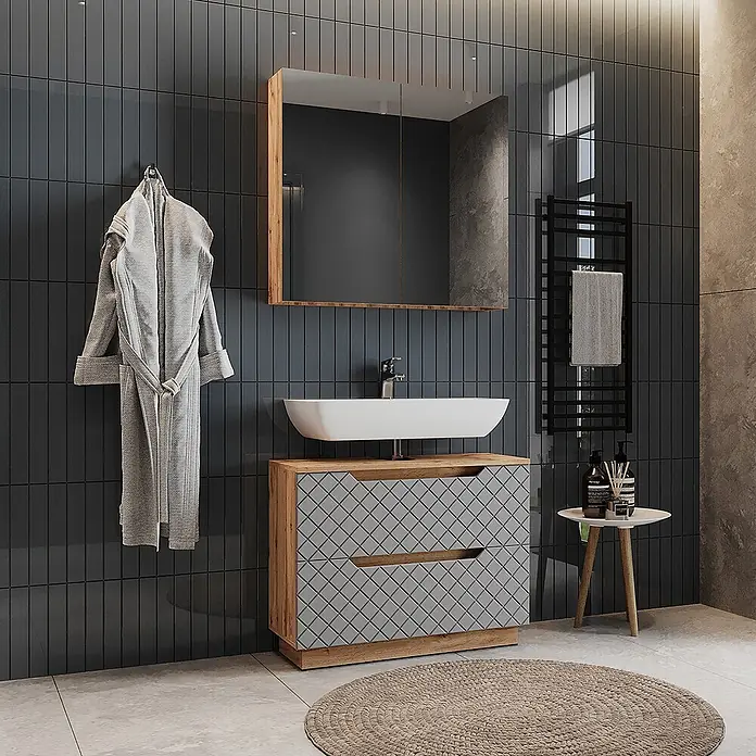 Vicco Badmöbel-Set Lotta Grau 2 Teile - Grau, Matt - Badezimmermöbel mit weißem Waschbecken, hellem Holzrahmen und grauen Schubladen mit Rautenmuster, dazu passender Spiegelschrank.