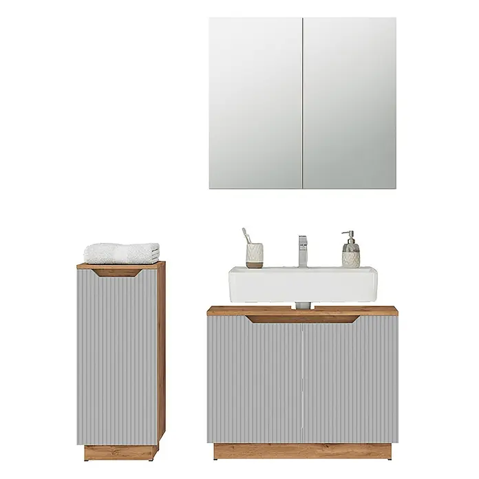 Vicco Badmöbel-Set Lotta Grau 3 Teile - Grau, Matt - Badezimmermöbel-Set: Waschtischunterschrank mit Waschbecken, Hochschrank und Spiegelschrank. Holz-Akzente, graue Lamellenfronten.