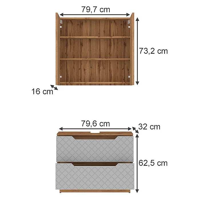 Vicco Badmöbel-Set Lotta Grau 2 Teile - Grau, Matt - Braunes Holzregal und passender Schrank mit zwei hellgrauen gemusterten Schubladen, inklusive Produktmaßen.