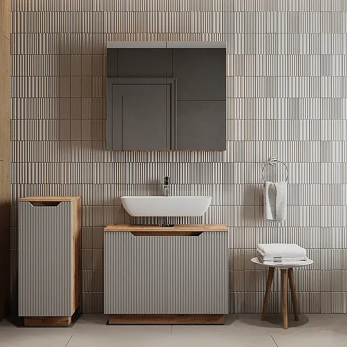 Vicco Badmöbel-Set Lotta Grau 3 Teile - Grau, Matt - Modernes Badmöbelset mit Rillenfronten in Grau und Holzdetails, inklusive Waschbecken.