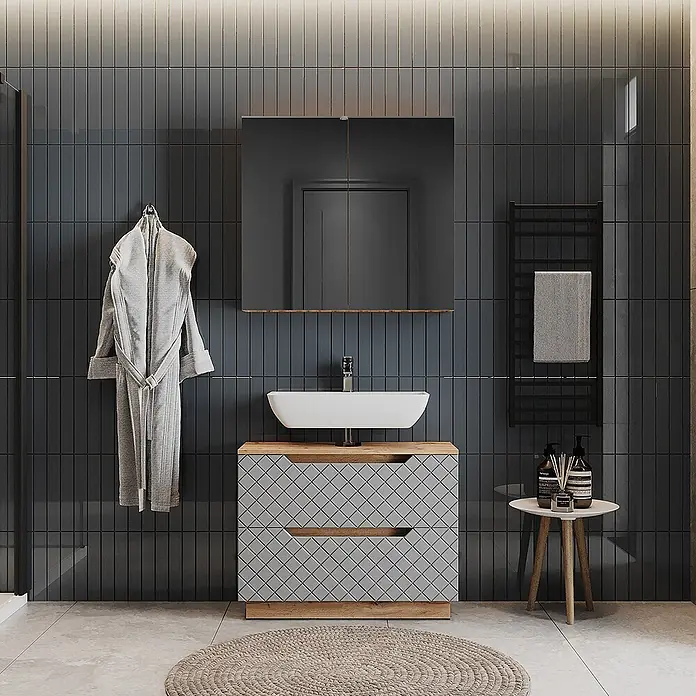 Vicco Badmöbel-Set Lotta Grau 2 Teile - Grau, Matt - Moderner Badunterschrank mit weißem Aufsatzwaschbecken, heller Holzplatte und gemusterten grauen Schubladen, gepaart mit einem dunklen Spiegelschrank.