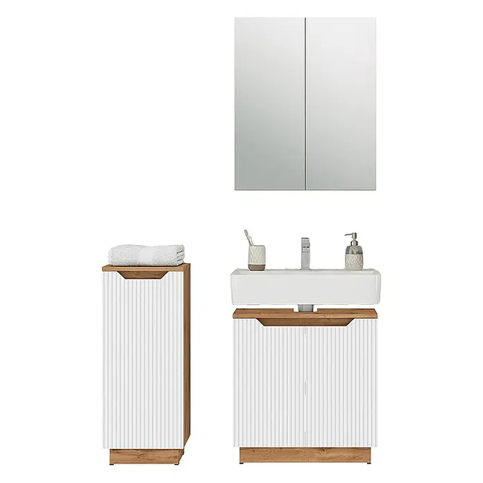 Vicco Badmöbel-Set Lotta Weiß 3 Teile - Weiß, Matt - Weißes Badmöbelset mit gerillten Fronten und Holzoptik-Details, bestehend aus Waschtisch, Hochschrank und Spiegelschrank.