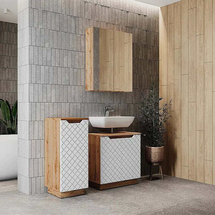 Vicco Badmöbel-Set Lotta Weiß 3 Teile - Weiß, Matt - Modernes Badmöbelset mit Holzoptik-Schränken, weißen diagonal gefliesten Türen, weißem Aufsatzwaschbecken und passendem Spiegelschrank.