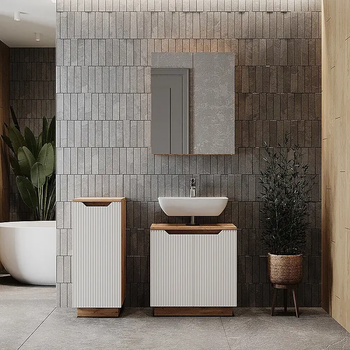 Vicco Badmöbel-Set Lotta Weiß 3 Teile - Weiß, Matt - Moderne Badschränke mit weißen Rillenfronten und Holzdetails, unter einem Waschbecken und freistehend, für stilvollen Stauraum.